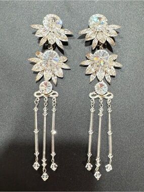 80s Vintage Wendy Gell Crystal Drop Dangle Earrings - Silver Clear Sparkle 5.5in